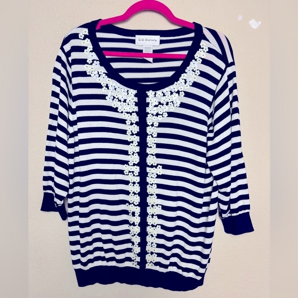 Cathy Daniels Navy & White Nautical Stripe Floral Sequin 1/2 Sleeve Sweater 2X